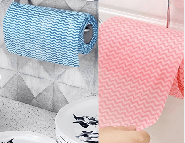 Kunya Non-Woven Washable Multi Purpose Kitchen Tissue Towel Cleaning Wipes Rolls(23 X 21) - 2 Rolls(80 Wipes in One Roll) - Pink & Blue