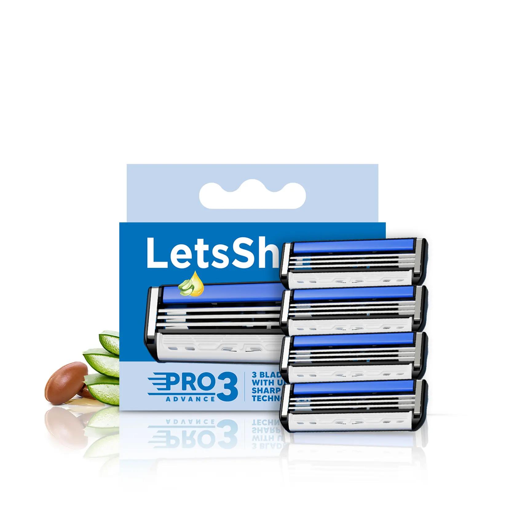 LetsShave Pro 3 Shaving Razor Blade For Men | Made In South Korea | Lubricating Strip With Aloe Vera & Vitamin E-Pack of 4