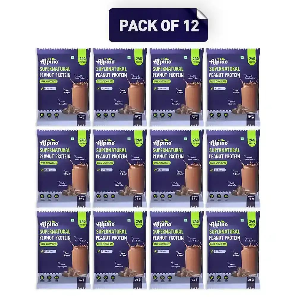 Alpino Health Foods Supernatural Peanut Protein Powder Dark Chocolate 432g (12 Day Trial Pack) - 100% Plant-Based, High-Performance Protein - 24g Protein, 5.1g BCAAs, No Added Sugar, Gluten-Free, Vegan (36g, Pack of 12)