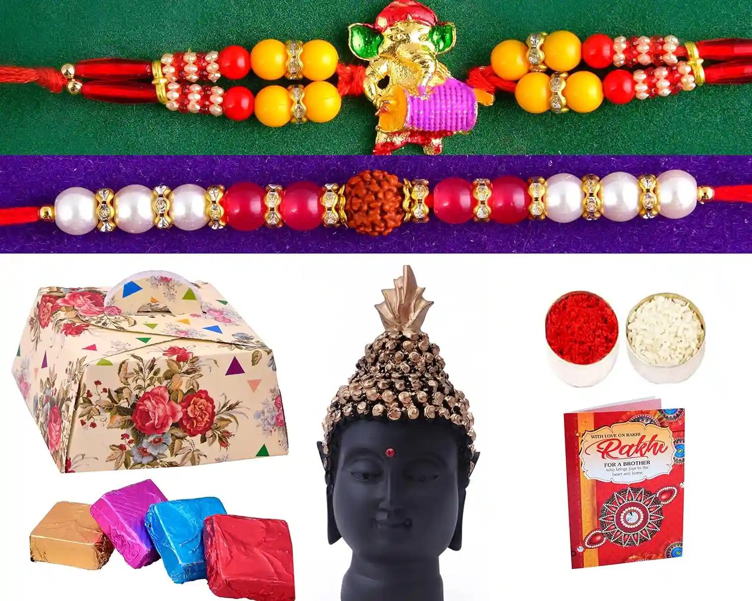 Rakhi Combo Set For Brother With Gift/Rakhi Gift For Brother With Gift/Set Of 2 Rakhi For Brother-Set Of 2 Premium Rakhi+Showpiece Figurine+Chocolate Box+Roli Chawal+Greeting Card