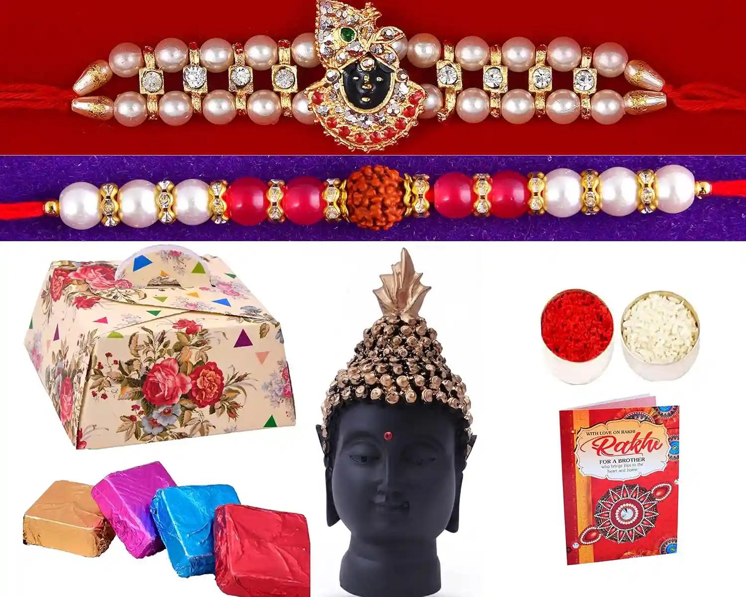 Rakhi For Brother With Chocolates/Rakhi Gift With Sweets/Rakhi For Brother With Gift Combo Set-2 Kundan Rakhi+Chocolate Box+Showpiece Figurine+Roli Chawal Tika+Raksha Bandhan Greeting Card