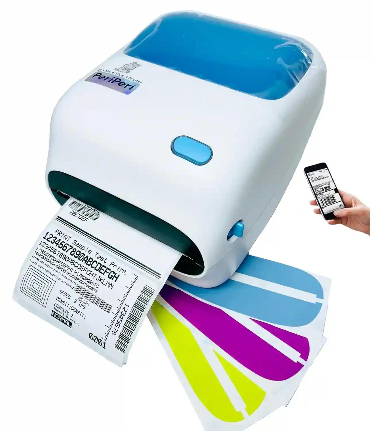 Periperi 4 Inch Bluetooth Direct Thermal Label + Receipt Printer For Any Size Labels & Receipts Compatible With Android, Ios, Windows, Mac, Linux 152 Mm/S (4X6 Printer Blue White)