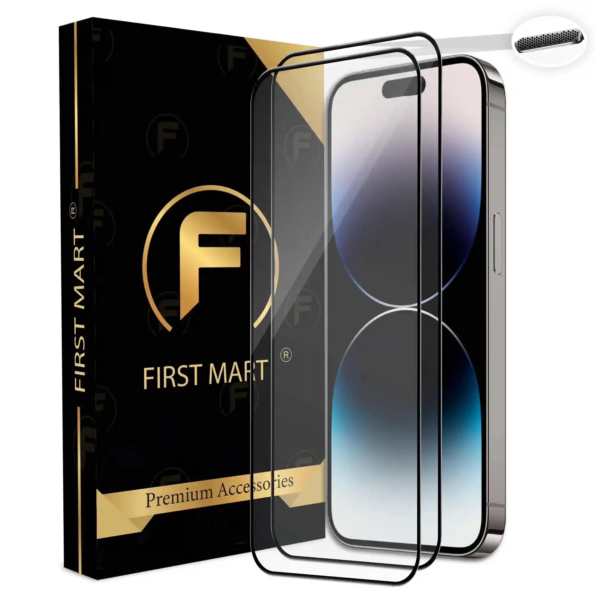 FIRST MART Premium Tempered Glass for iPhone 14 Pro Max Edge to Edge Screen Coverage and Speaker Mesh Dust Filter, Easy Installation Kit, Pack of 2, Black