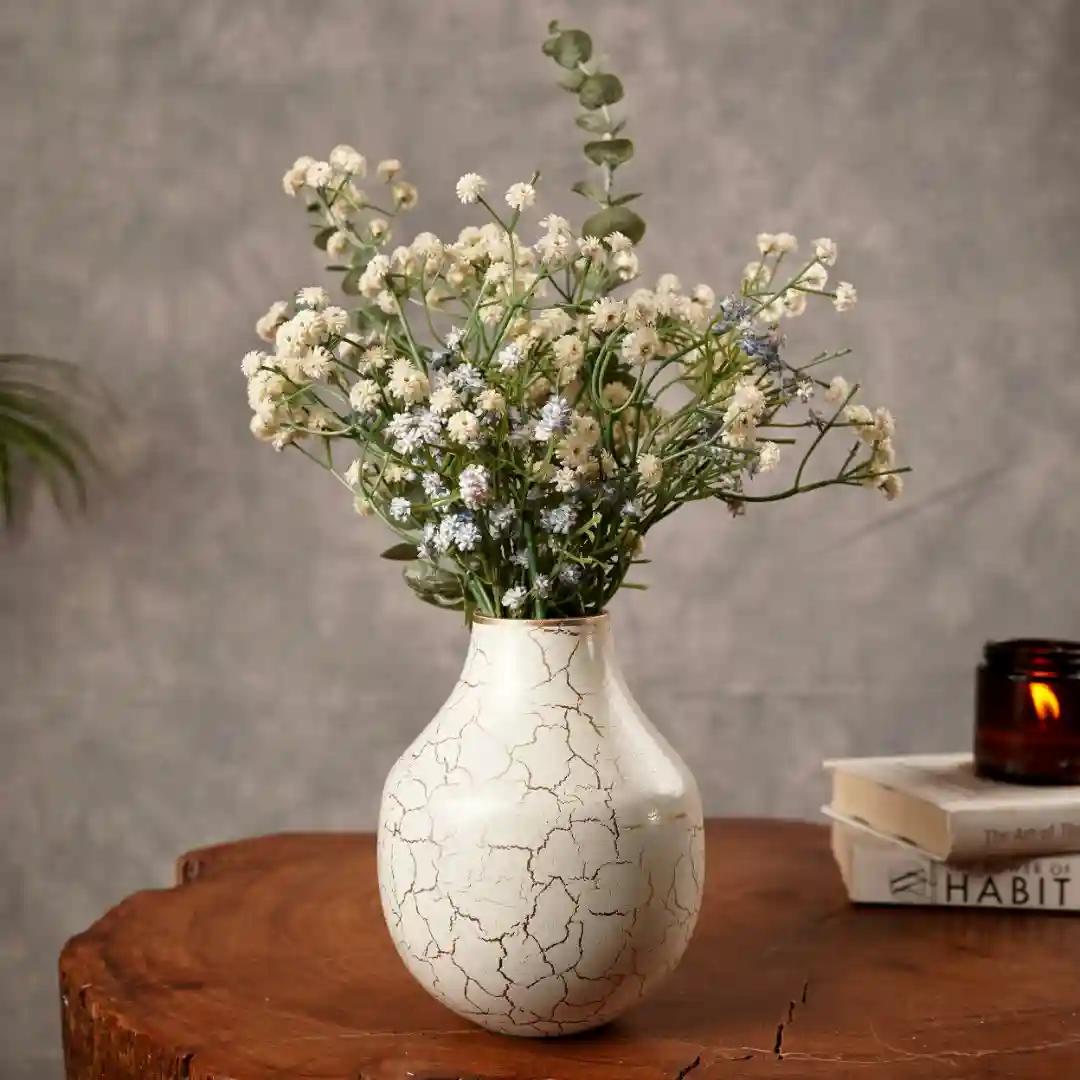 Behoma Metal Flower Vase for Home Decor Bedroom Living Room Office Wedding | Table Decorative Item for Festivals Birthday Off White Bud Shape Small (Flower Not Included)