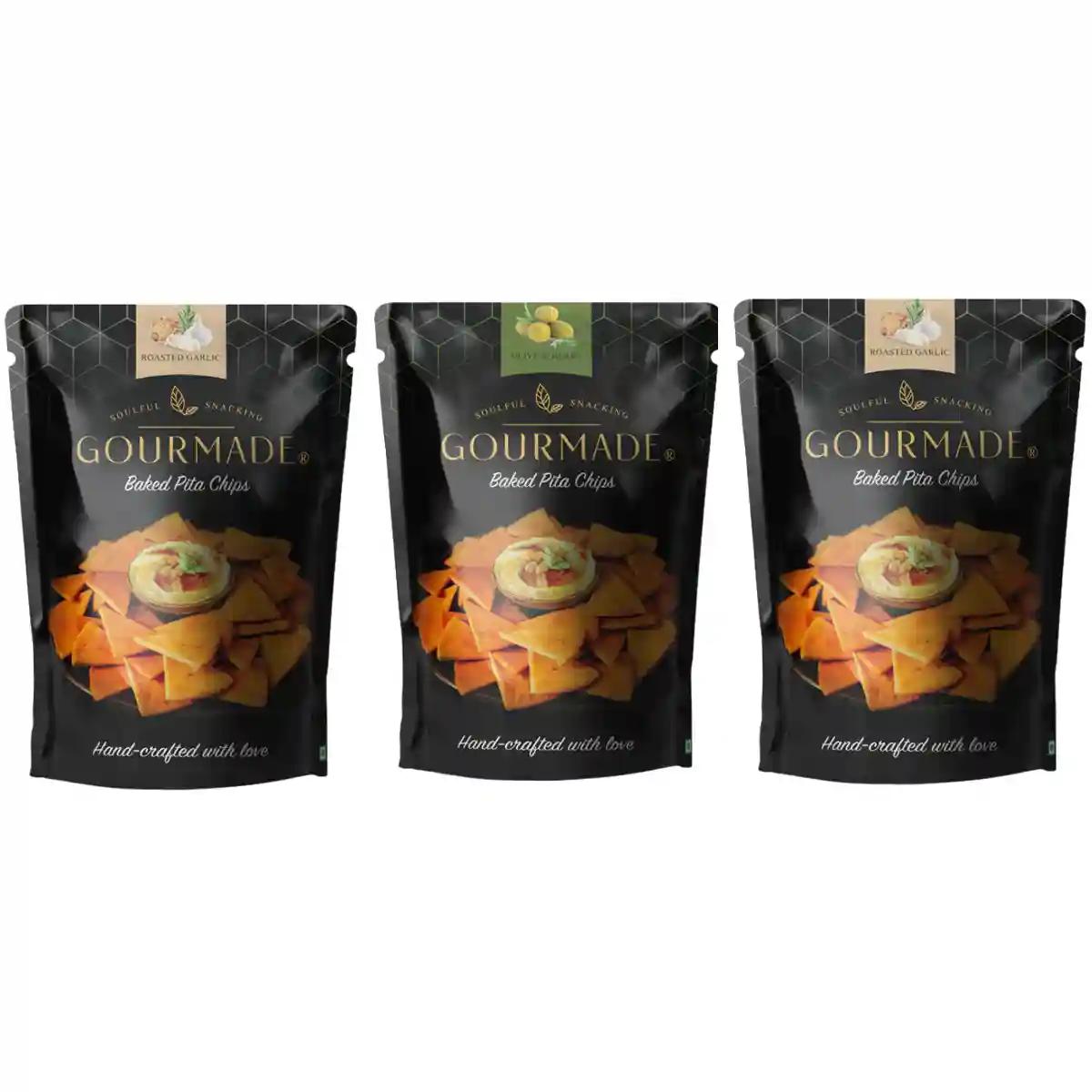 Gourmade Pita Chips Snacking Combo of 2 Roasted Garlic, 1 Olive & Herbs (375gm)