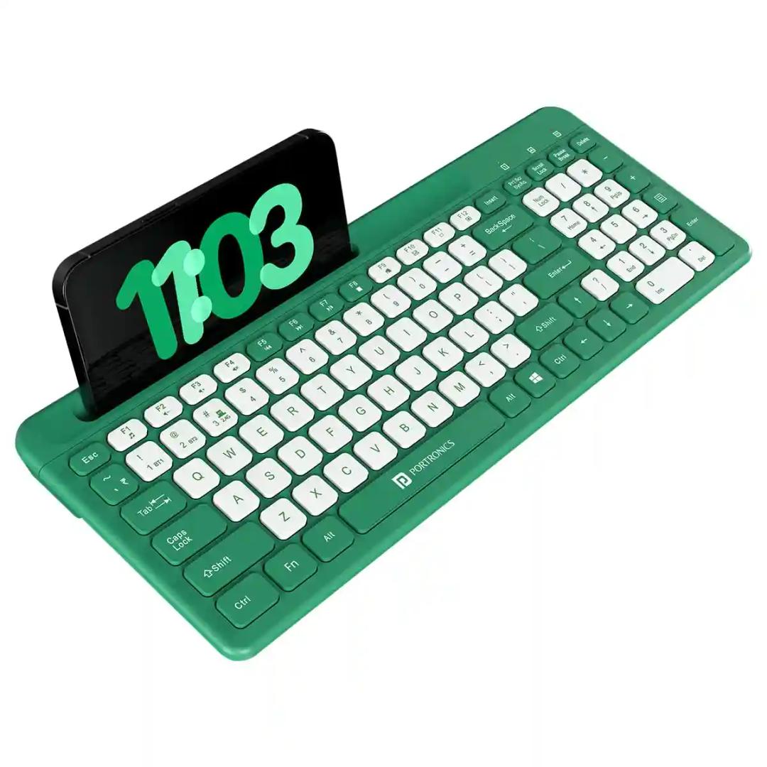 Portronics Bubble Square Wireless Keyboard with Bluetooth + 2.4 GHz USB Receiver (Dual Connectivity), Pair 3 Devices Max, Multimedia Hotkeys, for Laptop, PC, Smartphone, Tablet (Green)