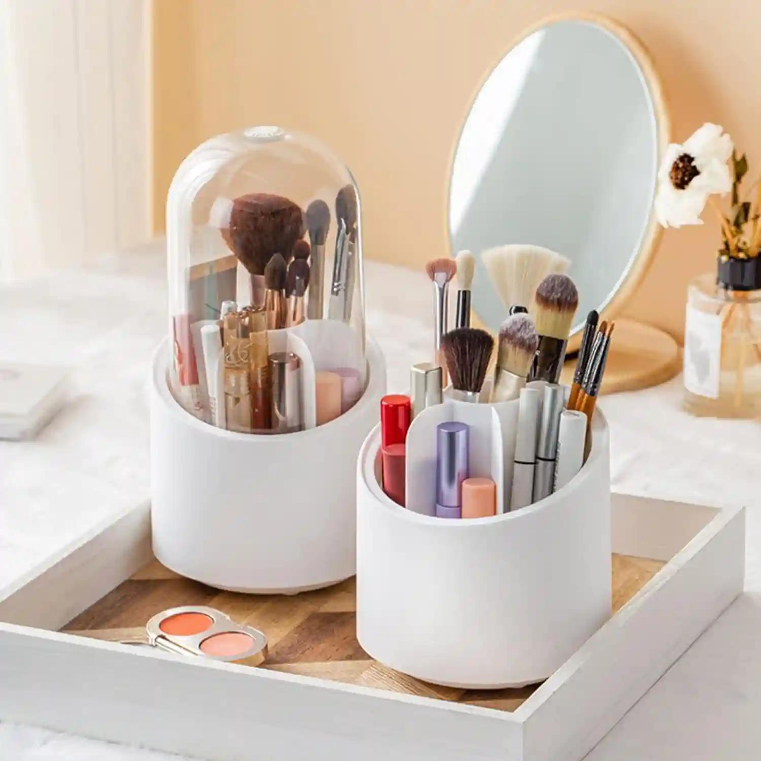 360° Rotating Makeup Brush Holders Organizer Transparent Makeup Brush Box With Lid Dust Proof Vanity Desktop Bathroom Counter Cosmetic Accessories (Transparent White)