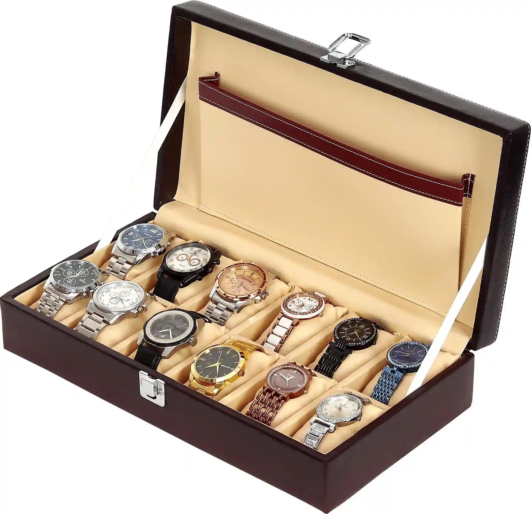 Watch Box Organizer Holder Jewelry Accessories Display Storage Case Watch Organiser Collection Box 12 Slots In PU Leather For Men Women Maroon Color