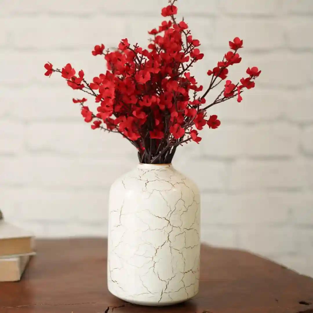 Behoma Metal Flower Vase for Home Decor Bedroom Living Room Office Wedding | Table Decorative Item for Festivals Birthday Off-White Crackled 1Pcs(10.5 x 15.7 CM) (Flower not Included)