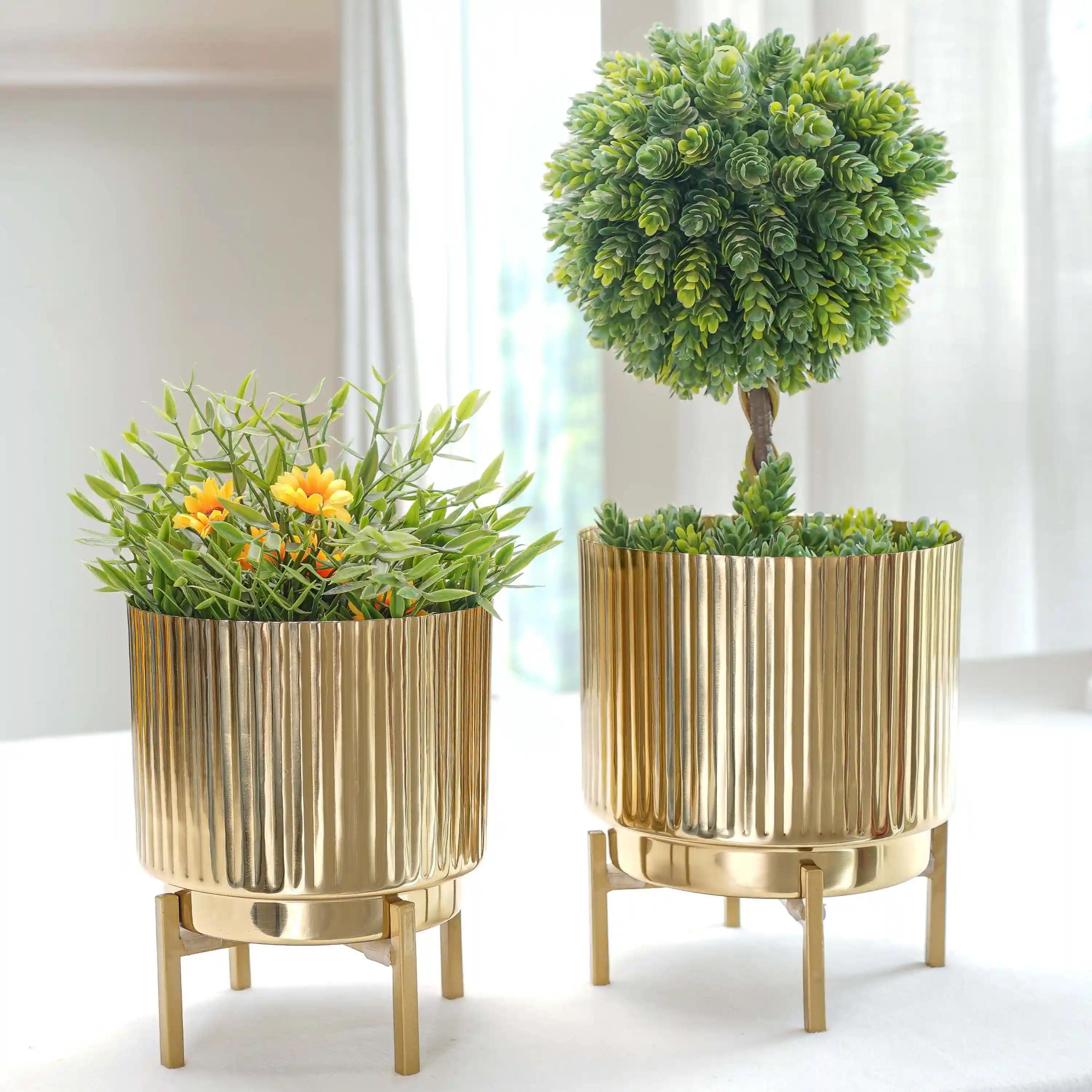 Golden Metal Fluted Planter Set of 2