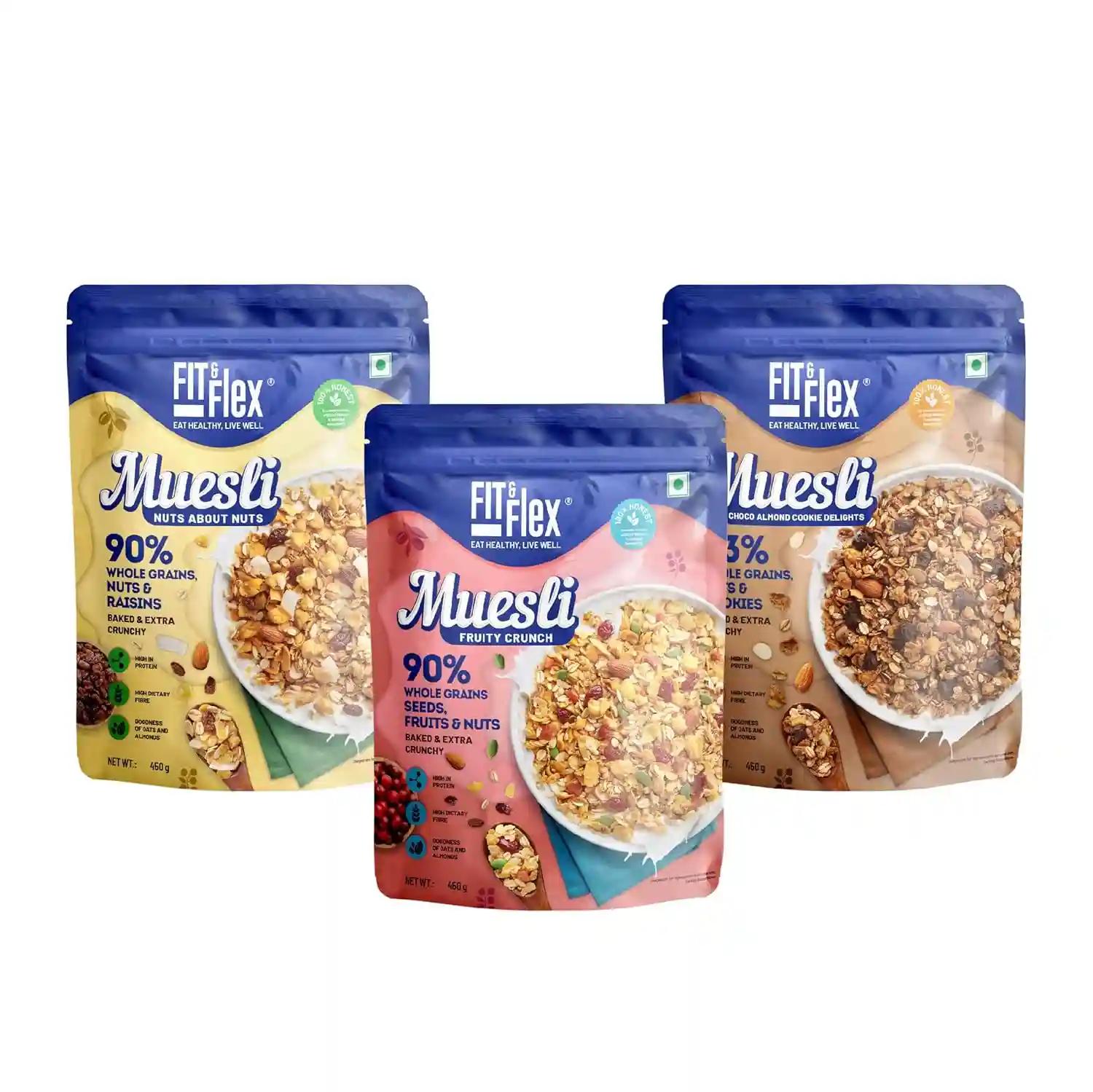 Fit & Flex Baked And Extra Crunchy Healthy Nuts About Nuts, Choco Almond, Fruity Crunch Muesli - As Seen on Shark Tank India - High In Protein - (Each 210gm) - Combo Pack Of 3