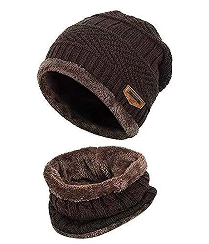 YOUTH ROBE - Premium Brand Knitted Winter Cap & Neck Scarf with fleece,Unisex Beanie Cap with Neck Warmer for Women,Thermal Cap, Fluffy Woolen Cap (set of gloves and cap) Brown