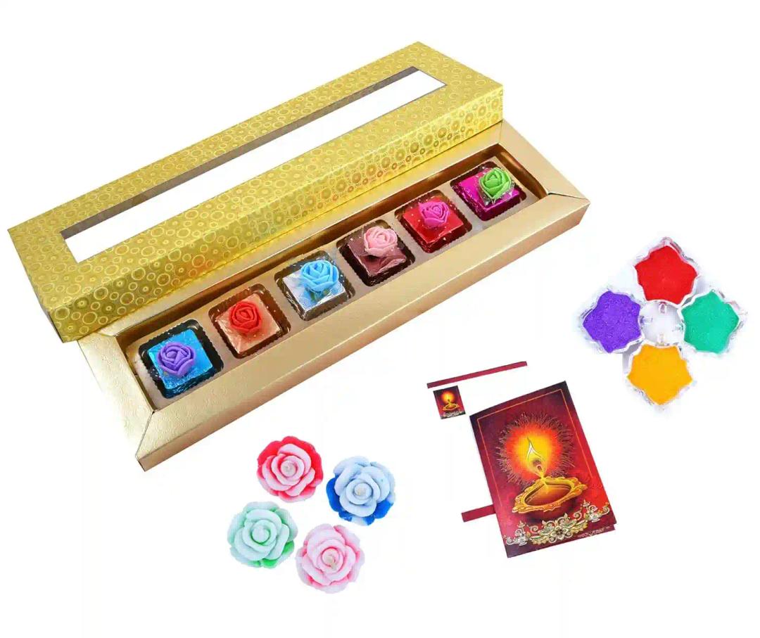 MANTOUSS Deepawali Luxury Chocolate Hamper (Golden) + 2 Floating Diya, Diwali Greeting Card and Rangoli Colours