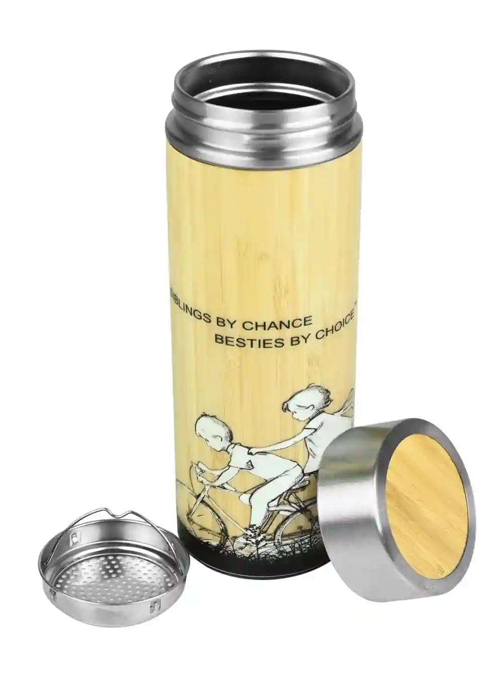 CORNER ART STORE Bamboo Stainless Steel Bamboo Bottle | Stainless Steel Grace Meets Artisanal Craftsmanship | Sustainably Designed with Hot & Cold Insulation | Leakproof, Strainer-Equipped for Effortless Use | Ideal for Home, Office, Gym, and Travel | A Thoughtful Companion for Adults & Kids | 450 ML | Enchanted Sibling Stories Collection | Eco-Friendly