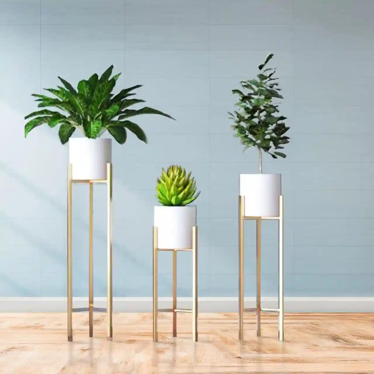 ‎AMASS HANDICRAFTS Modern Metal Floor Flower Stands Planter For Living Room Bedroom Display Plant Stand Tall Indoor Plant Stand With Planter Pot - Set Of 3 (White)