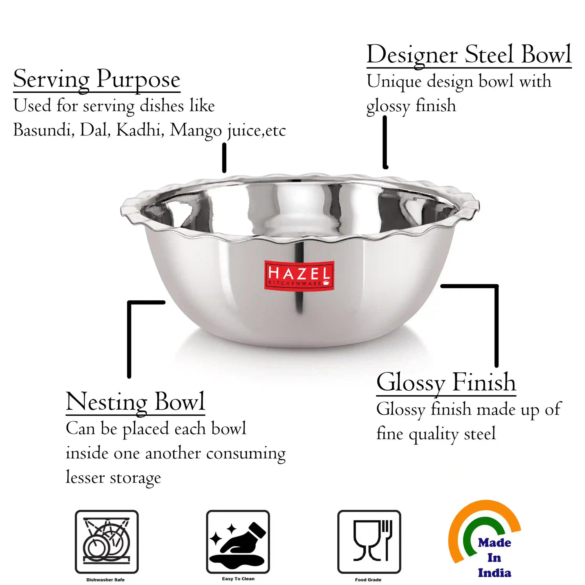 HAZEL Stainless Steel Serving Bowl Vati Vati Katori Set of 3, Silver