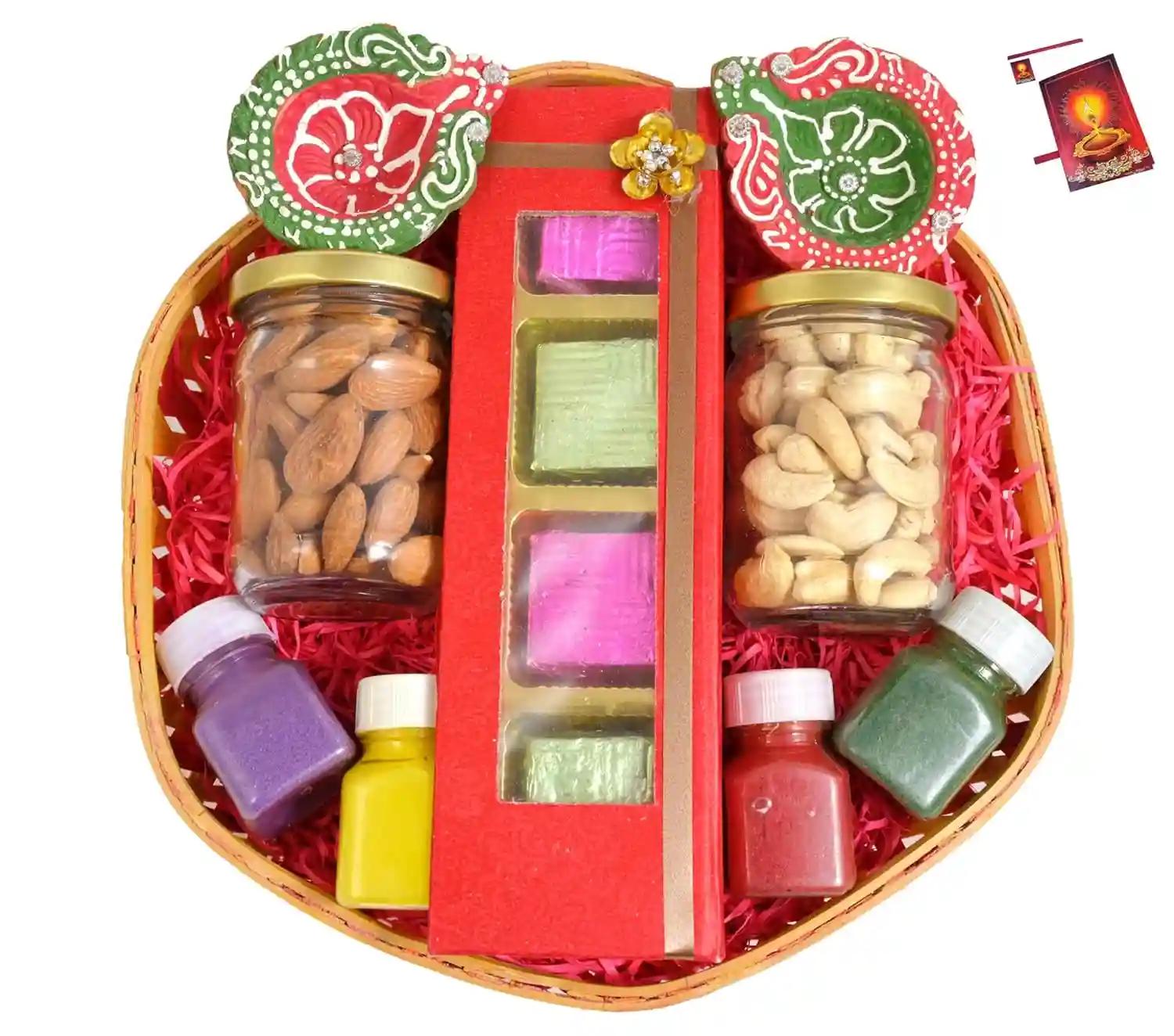 MANTOUSS Diwali gift hamper/diwali dry fruits gift box/diwali dry fruits tray/diwali dry fruits gift hamper/-Decorated basket with 60 gms of cashew+60 gms of almonds+(In separate jars)+Card