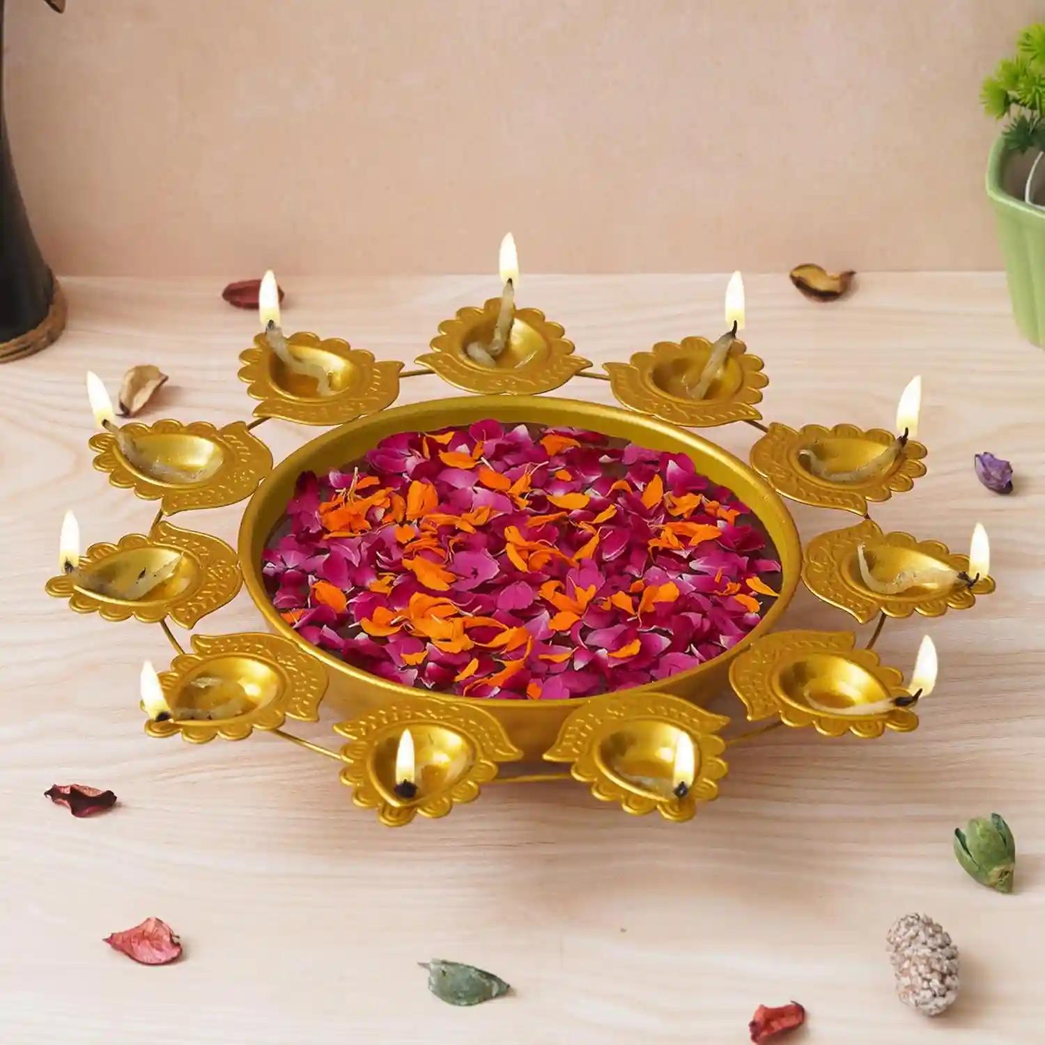 WEBELKART Premium Flower Diya Shape Gold Polish Decorative Urli Bowl for Home and Office Decor/Urli tealight Candle Holder/Diwali Decorations Items for Home Decor (14 Inches, Gold)