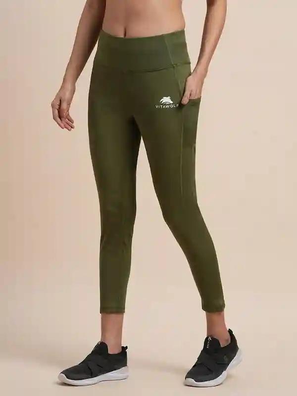 VITAWOLF Women's Tight Gym Wear with Two Side Pocket | Track Pants Ideal for Active Wear, Yoga and Workout | Stretchable Gym Pants for Women | Olive (Medium)