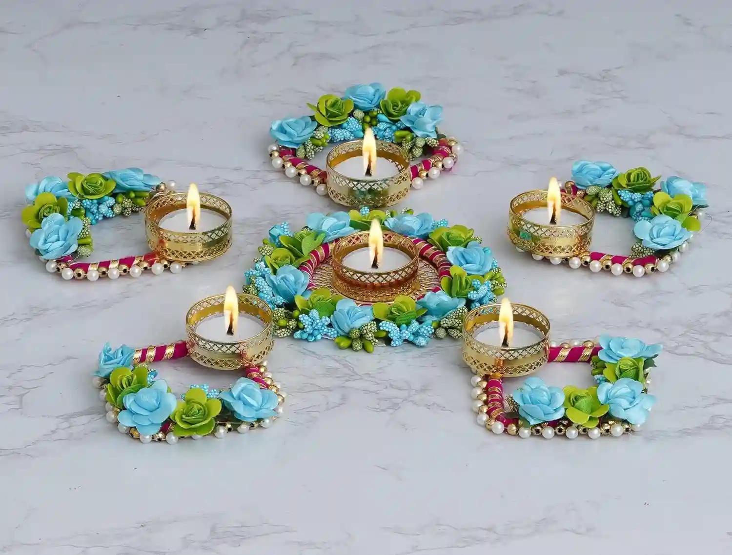 WEBELKART Designer Handmade Unique Set Of 5 Tealight Candle Holder For Home Decor, Mosaic Glass, Balcony Decoration Items Outdoor, Balcony Decor,Candle Stand,Flowers Diwali Diyas For Decoration Pack Of 5