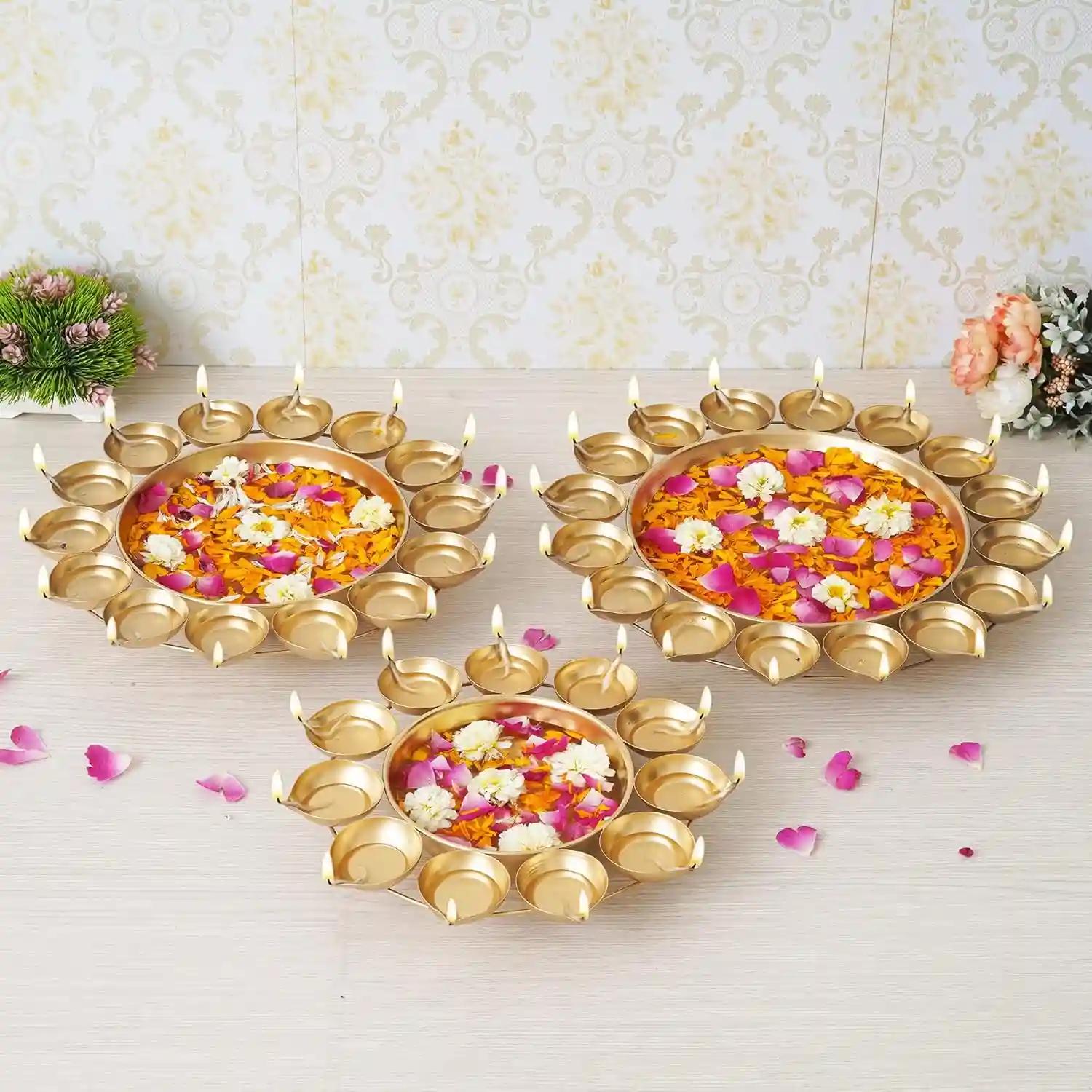 WEBELKART Premium Gold Polish Set of 3 Diya Shape Flower Decorative Urli Bowl for Home Handcrafted Bowl for Floating Flowers and Designer Bowl for Home,Office and Table Decor| Diwali Decorations