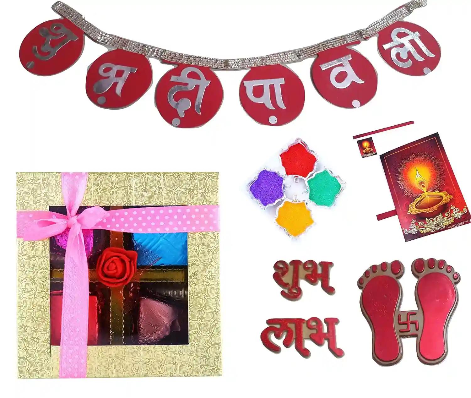 MANTOUSS Diwali gift hamper/Diwali gift for employees/Diwali gift for family and friends/Diwali chocolate box-1 box of handcrafted chocolate+shubh deepawali toran+paduka+shubh labh+rangoli colour+card