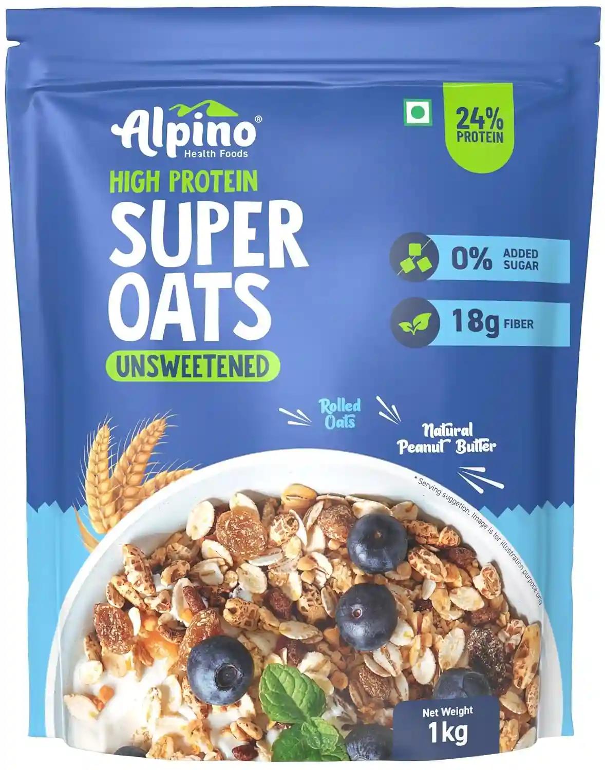 Alpino Health Foods High Protein Super Rolled Oats Unsweetened 1kg - Rolled Oats & Natural Peanut Butter – 24g Protein, No Added Sugar & Salt, Gluten-Free, Vegan – Peanut Butter Coated Oats