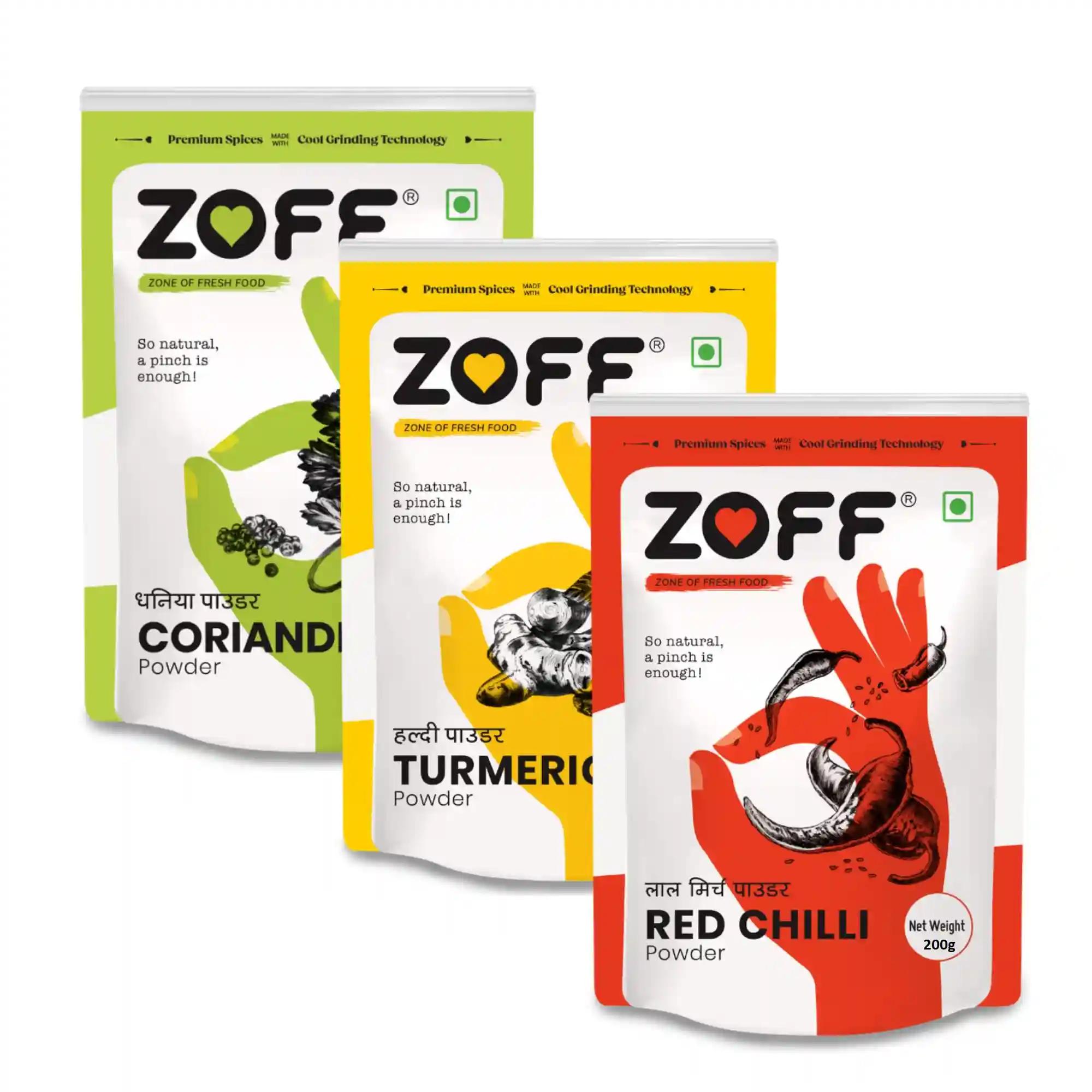 Zoff Red Chilli Powder, Turmeric Powder | Coriander Powder | Pack of 3 | No Colors, Fresh | Pure Masala for Cooking | Each 200g | Premium Zip Lock Pouch | Net Weight - 600g