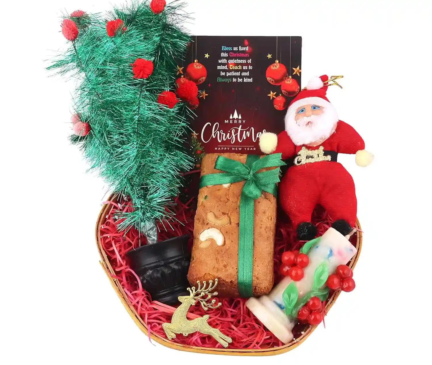 Christmas gift box/christmas gifts/christmas gift hamper/christmas basket-Christmas plum cake+cherry tree shaped candle+santa clause soft toy+tree decoration items+Christmas greeting card