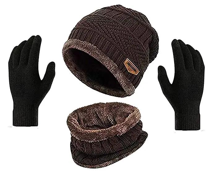 YOUTH ROBE - Premium Brand Knitted Winter Cap & Neck Scarf with fleece,Unisex Beanie Cap with Neck Warmer for Women,Thermal Cap, Fluffy Woolen Cap (set of gloves and cap) Brown