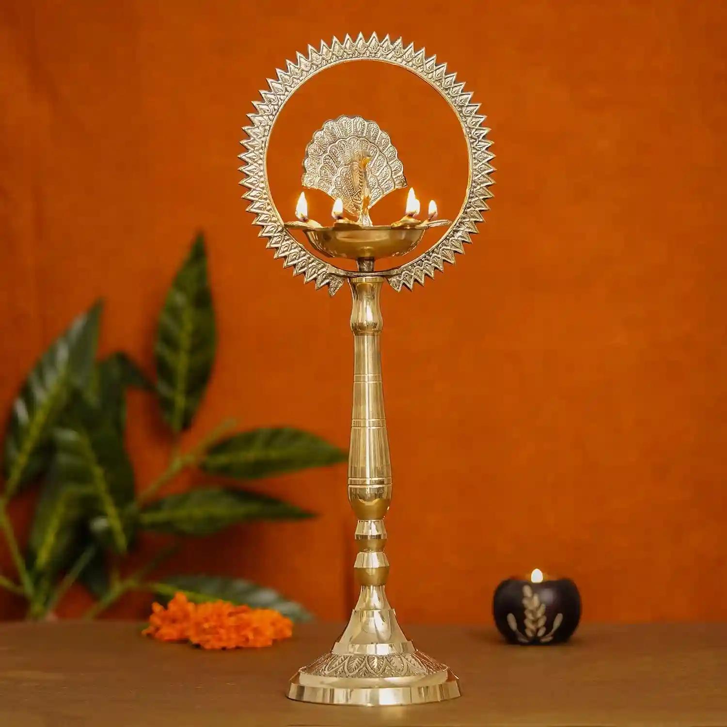 WEBELKART Premium Peacock Indian Traditional Brass Table Deepak Samay Diya Oil Diwali Puja Lamp, Golden- 17 in