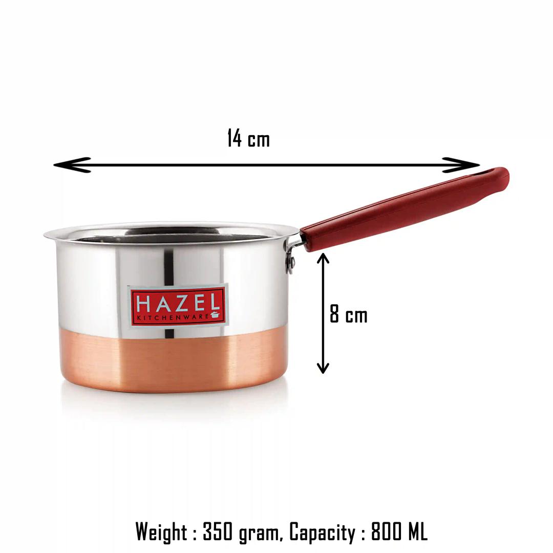 HAZEL Steel Sauce Pan |Alfa Premium Heavy Gauge Tea Pot, 800 ML | Stainless Steel Sauce Pan | Cookware with Copper Bottom | Milk Pan with Copper Bottom