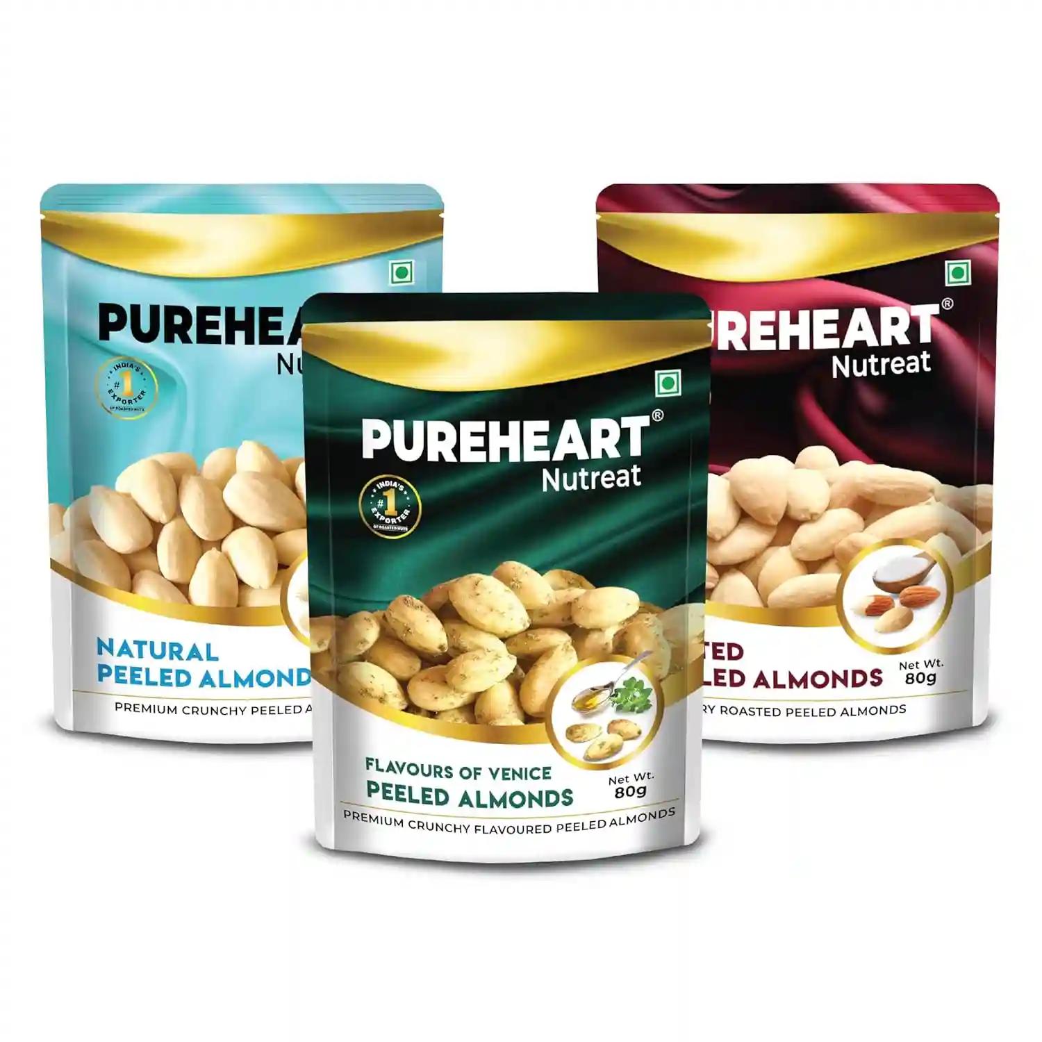 PUREHEART Nutreat Peeled Almonds Natural, Salted and Flavored Almonds (80 gm, Each) Combo Flavors of Venice - Whole Blanched California Premium Almond Nuts Without Skin/Dried Badam/Dry Fruit