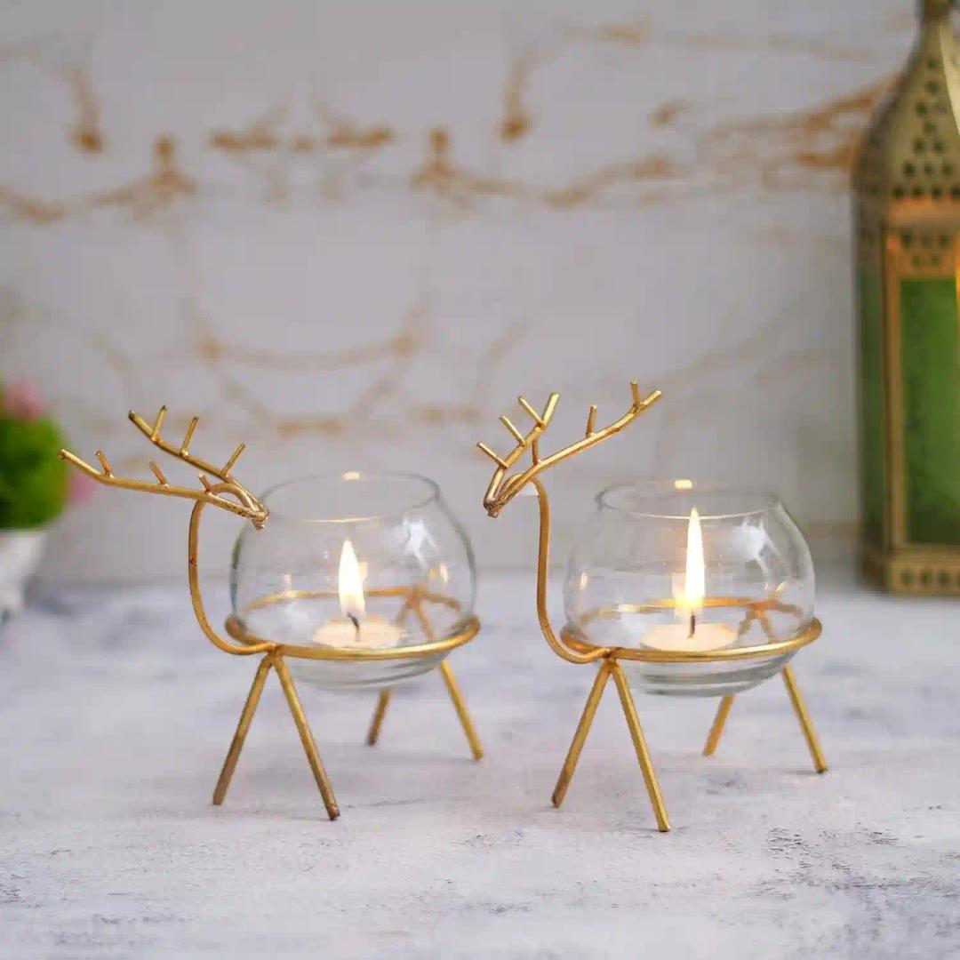 Webelkart Premium Iron Reindeer tealight Candle Holder for Home and Table Decor | Diwali tealight Holder for Home and Dining Room Decor (Gold)