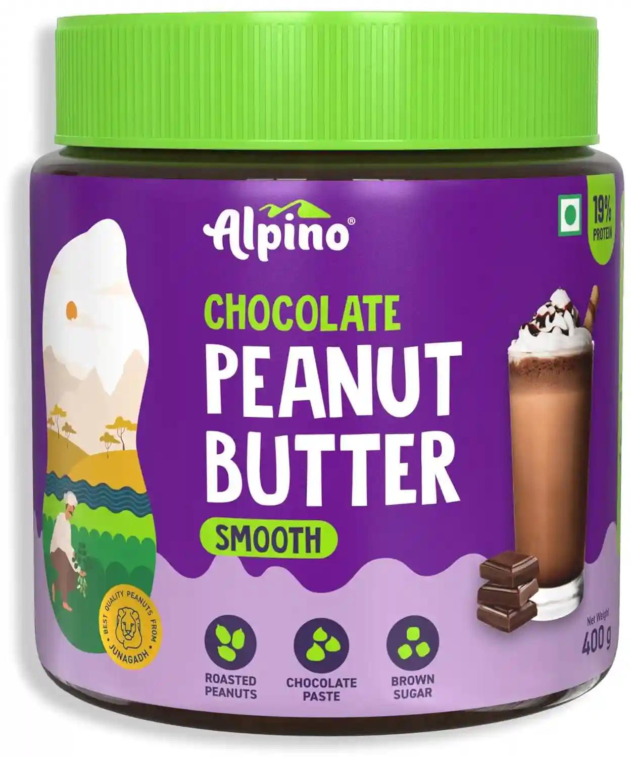 Alpino Health Foods Chocolate Peanut Butter Smooth - Roasted Peanuts, Chocolate Paste, Brown Sugar & Sea Salt - 24g Protein, Gluten Free – Plant Based Peanut Butter Creamy (400 G)