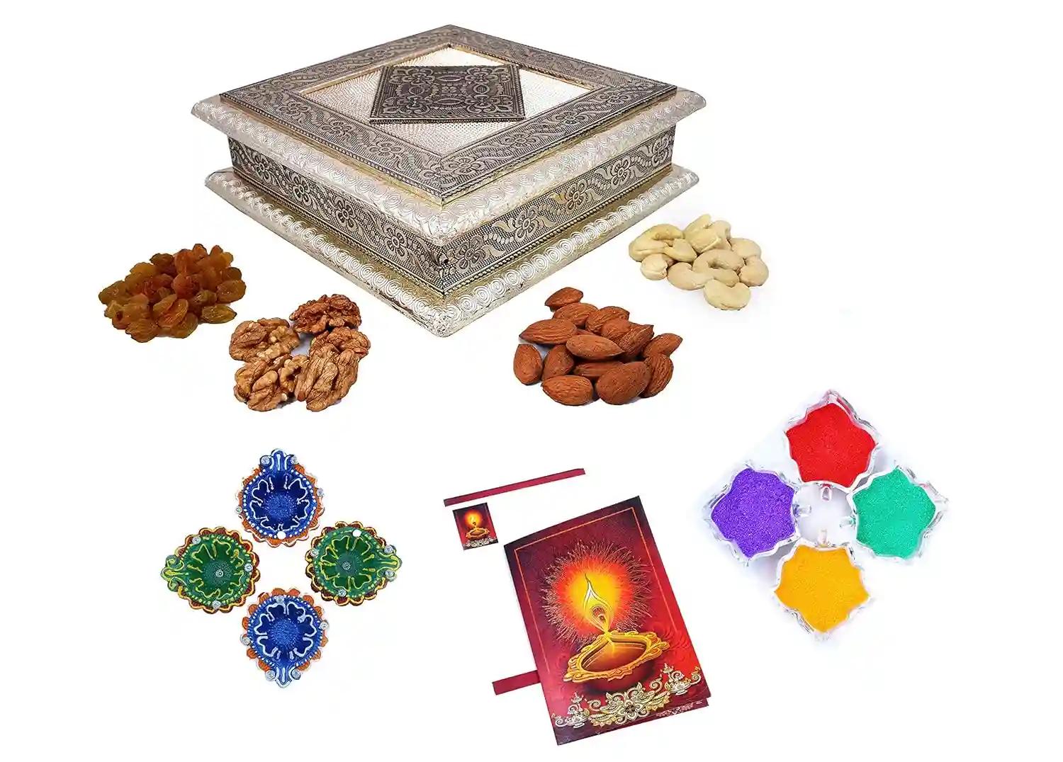 MANTOUSS Diwali Oxidised Dry Fruit Hamper/Pack/Combo-Cashew,Almond,Walnut and Raisin (100gms Each) 400gms +2 earthern Diya, Diwali Greeting Card and Rangoli Colours