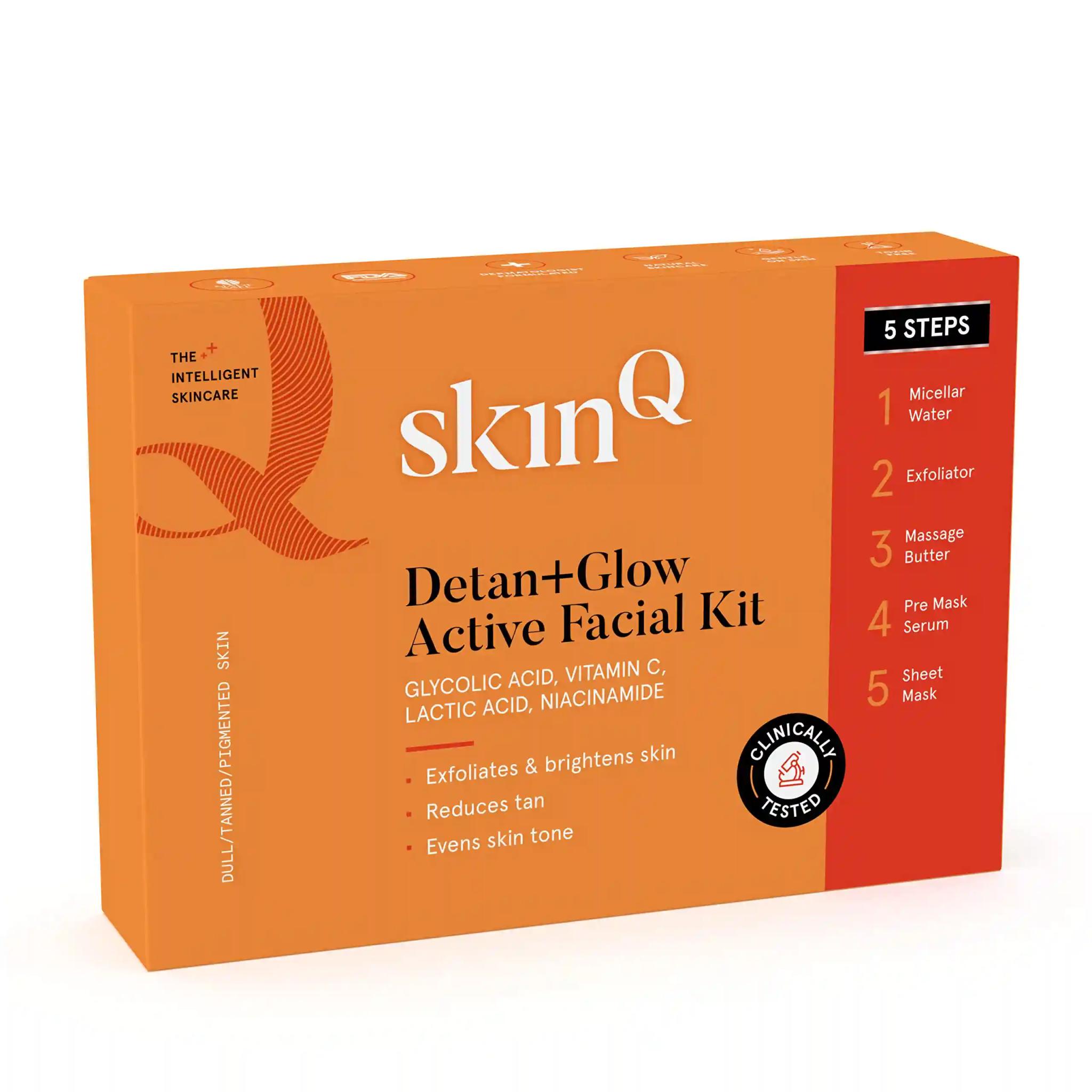 SkinQ Detan+Glow Active Facial Kit with Vit C & Niacinamide for Men & Women (Single Use) | Helps Reduce Tan, Unclogs Pores, Smoothens & Brightens Skin | Skin Care Kit Suitable for All Indian Skin Types