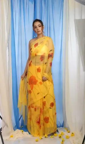 Pure Organza Hand-Painted Yellow Saree With Red Flower Design