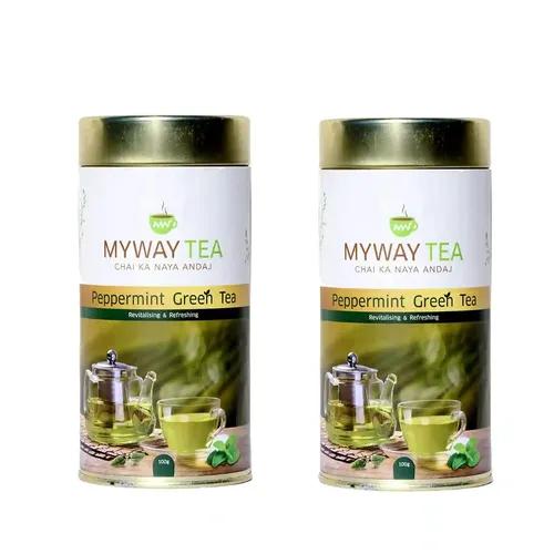 MYWAY TEA Peppermint Green Tea Leaves Loose Leaf Tea, Natural Spearmint Tea | Soothing and Relaxing Herbal Peppermint Tea | Pure Tea Buds Blended with Peppermint | Herbal Infusion Tea, Immune, Low Bitterness, Zero Calories & Improves Metabolism (100Gm) Pack of 2