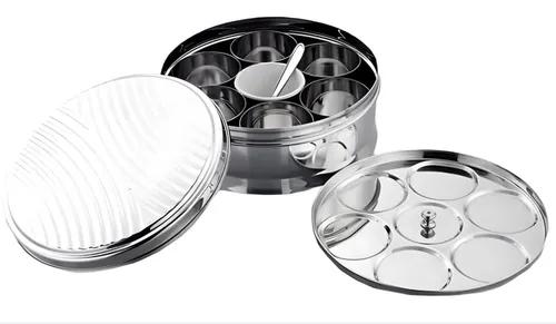 Jvl Stainless Steel Round Shape Masala/Spice Storage With 7 Containers And Small Spoon With Designer Lid - 150 Ml Each