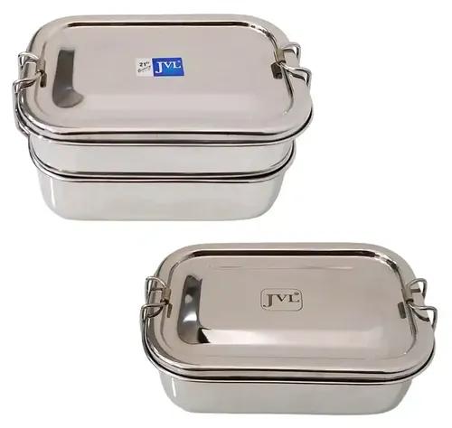 Jvl Stainless Steel Rectangular Single Layer Lunch Box With Inner Plate & Rectangular Double Layer Lunch Box Not Leak Proof - Pack Of 2