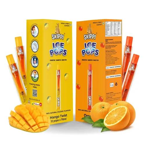 SKIPPI ICE POPS 100% Natural Freezer Pops, Juice Bars, Ice Pops Orange & Mango Flavors (12+12 Pops Boxes), 1 Gram