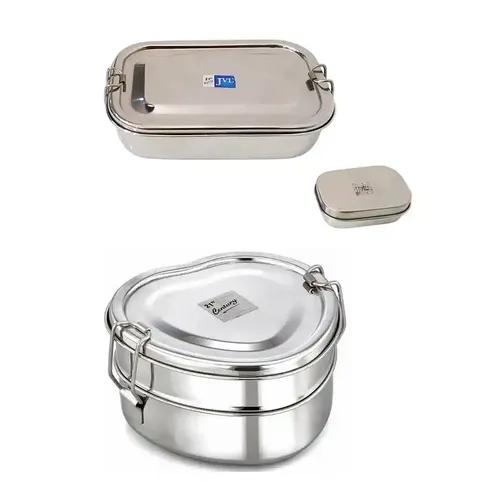 Jvl Stainless Steel Rectangular Single Layer Lunch Box With Small Container & Big Heart Double Layer Lunch Box With Inner Plate Not Leak Proof - Pack Of 2