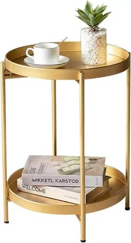 AMASS HANDICRAFTS 2 Tier Round Metal Side Table with Removable Tray, Small Accent Table/Nightstand, Rustproof Sofa Snack Table for Living Room Bedroom Office (Gold)