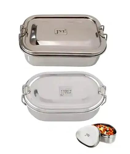 Jvl Stainless Steel Rectangular Single Layer Lunch Box With Inner Plate & Big Capsule Lunch Box With Small Container Not Leak Proof - Pack Of 2