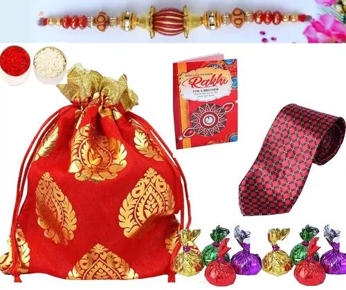 Mantouss Rakhi For Brother With Gift/Rakhi For Brother With Chocolate-Potli With Chocolates For Rakshabandhan+Rakhi+Roli, Chawal+Men'S Neck Tie+Rakhi Greeting Card