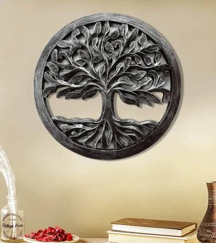 Craftykart Hand Crafted Antique Round Wooden Wall Hanging Decor - Silver