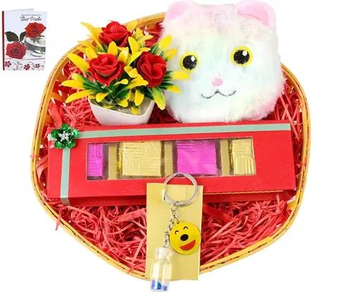 Mantouss Gift For Sister/Rakhi Gift For Sister/Rakshabandhan Gift/Birthday Gift For Sister-Decorated Basket+Chocolate In A Handmade Box+Flower Pot+Kitty Purse+Key Chain+Best Wishes Greeting Card