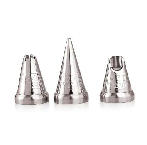 HAZEL Cake Nozzle Set of 3 | Nozzle Set for Cake |Cake Decorating Nozzle Set | Piping Bag Nozzle, (N2 Round Shape, N8 Closed Star Shape, N15 Ruffles Shape) Silver