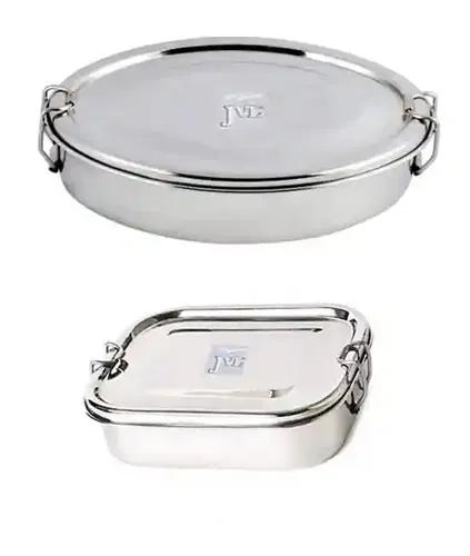 Jvl Stainless Steel Rectangular Not Leak Proof Lunch Box With Inner Plate & Small Oval Shape Single Layer Lunch Box With Inner Plate - Set Of 2